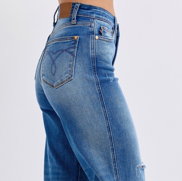 Judy Blue High-Rise Torn Boyfriend Jeans Ultra Wide Leg Cuff Raw Hem Denim Pants - Picture 10 of 16